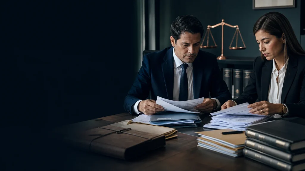 Abogados tributarios revisan documentos y medios probatorios de un expediente