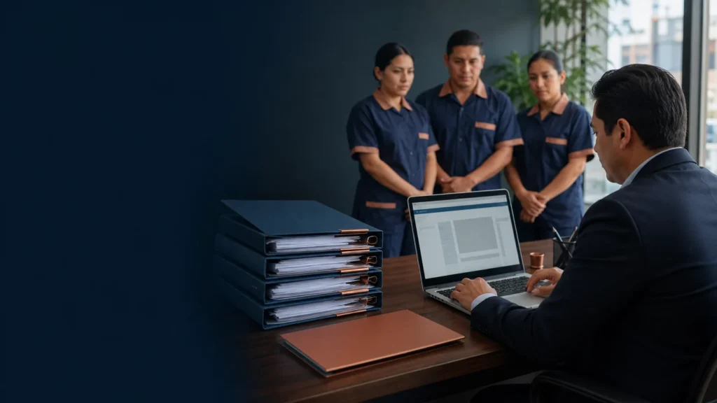 Responsable verifica en una laptop la documentación laboral de trabajadores contratistas
