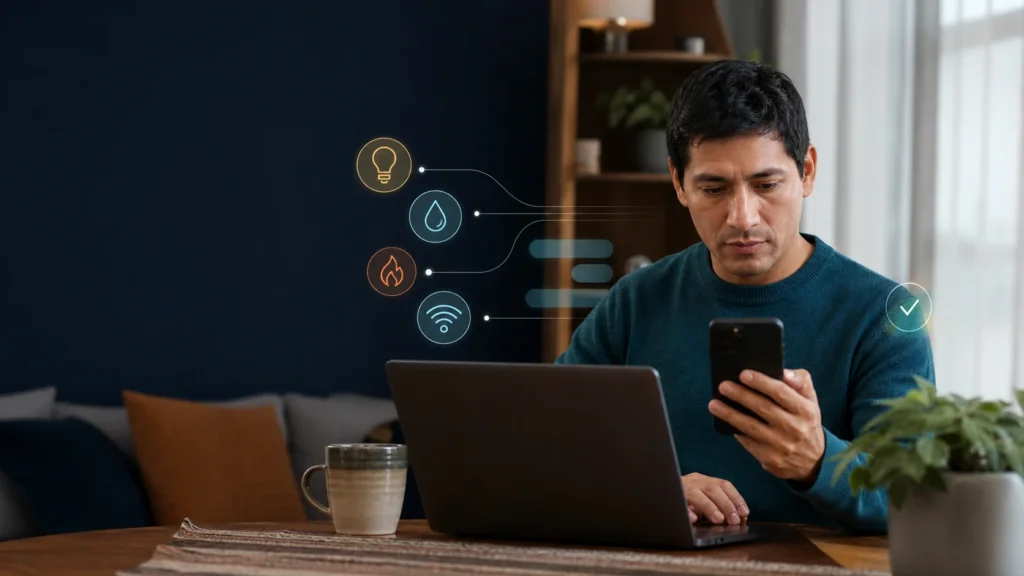 Consumidor gestiona desde su teléfono y laptop servicios de agua, luz, gas y telecomunicaciones